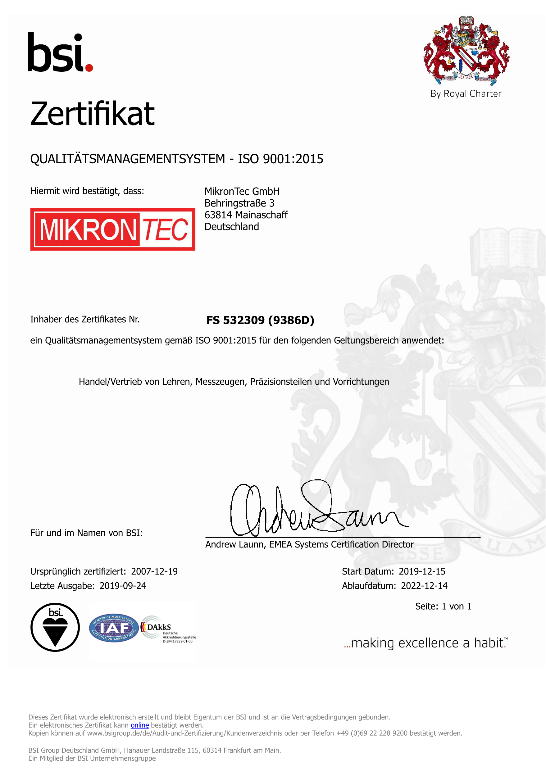 MikronTec Quality Certificate ISO 9001:2015