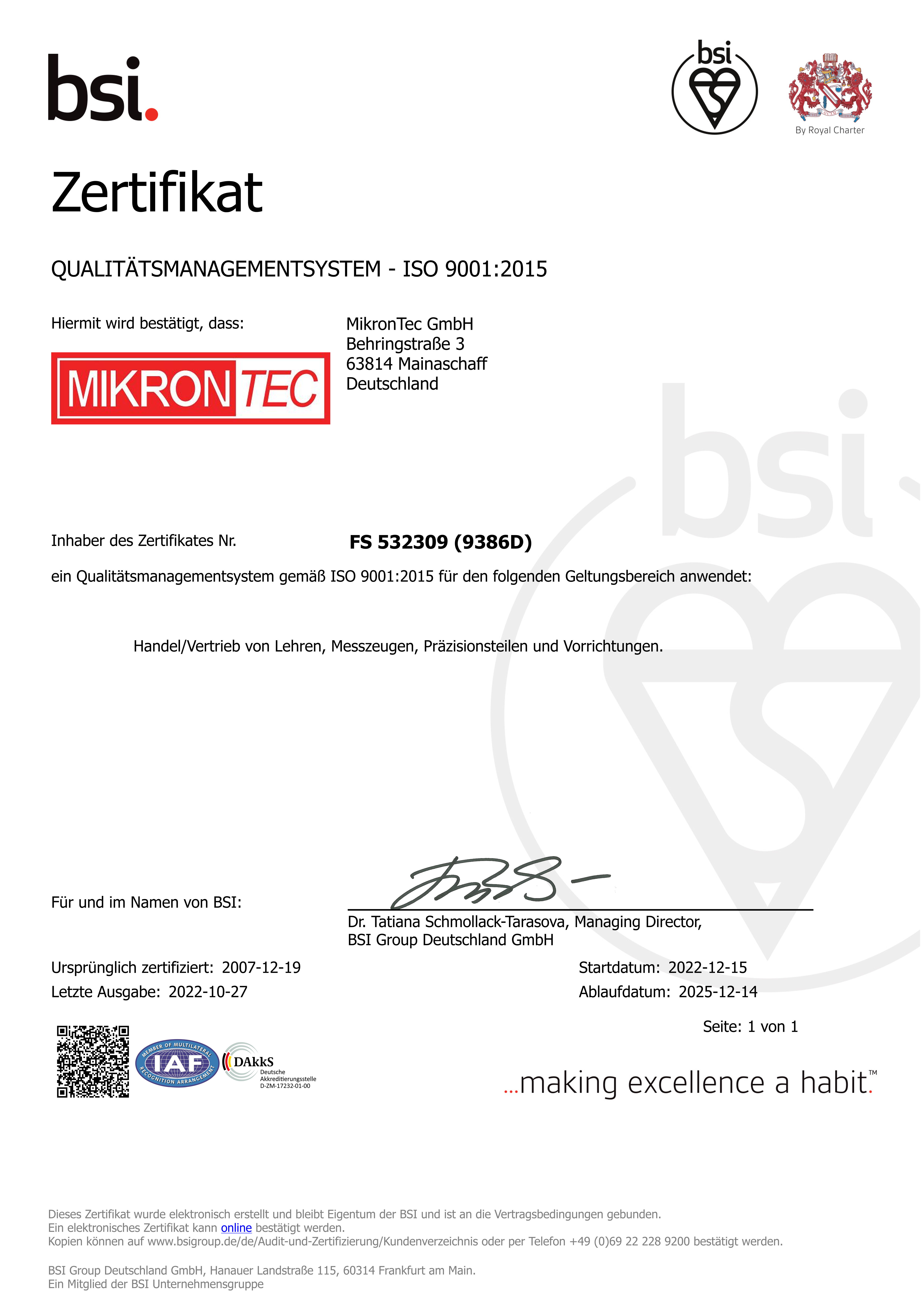 MikronTec Quality Certificate ISO 9001:2015